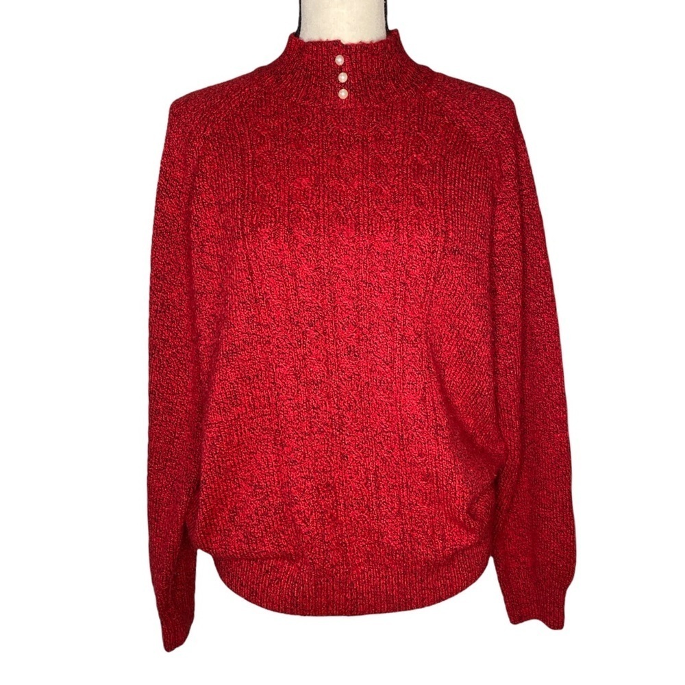 Vintage Red Knit Sweater‎ Mock Neck Pearl Button Detail Pullover Lage